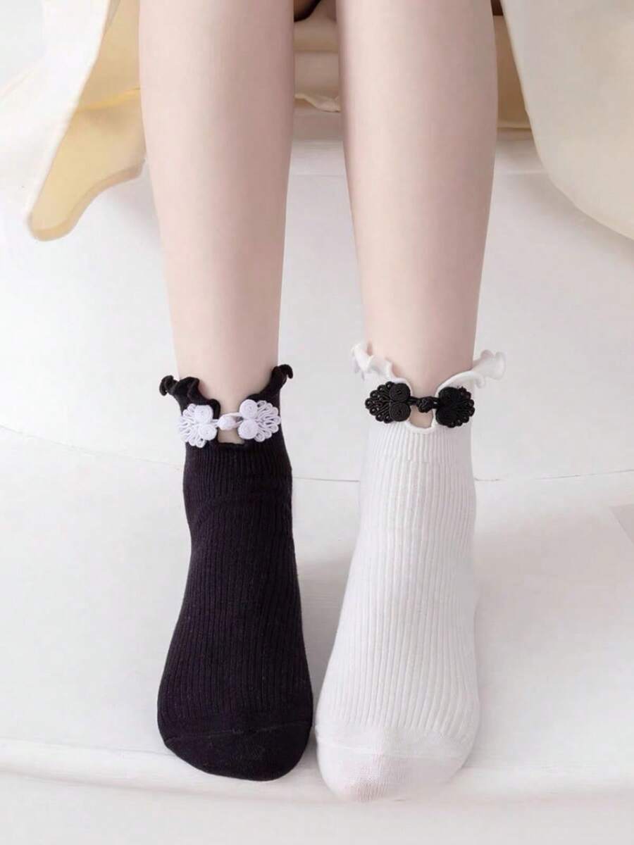 Kaos Kaki Setengah Kaki Gaya Cina Cheongsam Kancing Lolita Ruffle Setengah Betis Musim Semi/Panas - MultiWarna - View 1