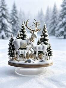 1pc 2D Acrylic Decorative Ornament, Elegant Deer Family, Peaceful Forest Snow Landscape, Perfect Holiday Decoration, With Base, No Power Required - A - View 6