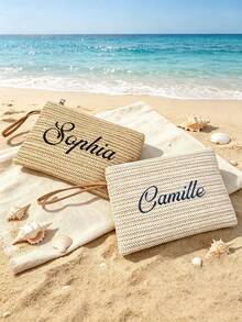 Personalized Embroidered Straw Handbag, Customized Bohemian Style Zipper Storage Bag With Wrist Strap And Zipper, Bridesmaid Makeup Bag, Summer Beach Vacation Clutch - Multicolor - View 8