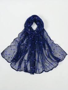 1件女款透氣時尚金線亮片頭巾 純色薄紗披肩 - S53680-寶藍色 - 查看 1