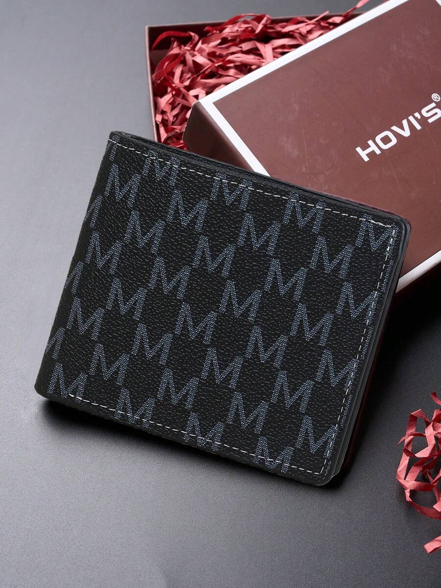 Fashionable Men's Short Wallet, Letter Print Design, Ultra-Thin Multi-Compartment Portable Men's Wallet, Men's Front Pocket Wallet, Coin Purse, Minimalist Card Holder, Student Wallet, Young Men's Wallet, Men's Gift - Black - View 1