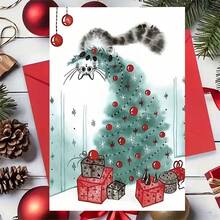 1 Greeting Card + 1 Envelope Adorable Christmas Greeting Card, Cat Playing With Tree "Merry Christmas" For Friends, Winter Holiday Festive Artistic Style Card. - Red Envelope - View 5