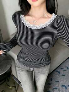 Kaos Bergaris Hitam dengan Hiasan Renda, Desain Slim Fit, Atasan Lengan Panjang untuk Wanita, Awal Musim Gugur - Hitam - View 4