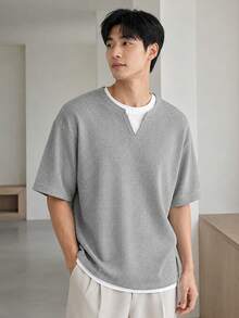 1pc Men's Gray Waffle Texture V-Neck Short Sleeve T-Shirt, Waffle Knit Fabric Loose Fit Breathable Casual Street Style, Suitable For Daily Commute And Summer Streetwear - Grey - View 6