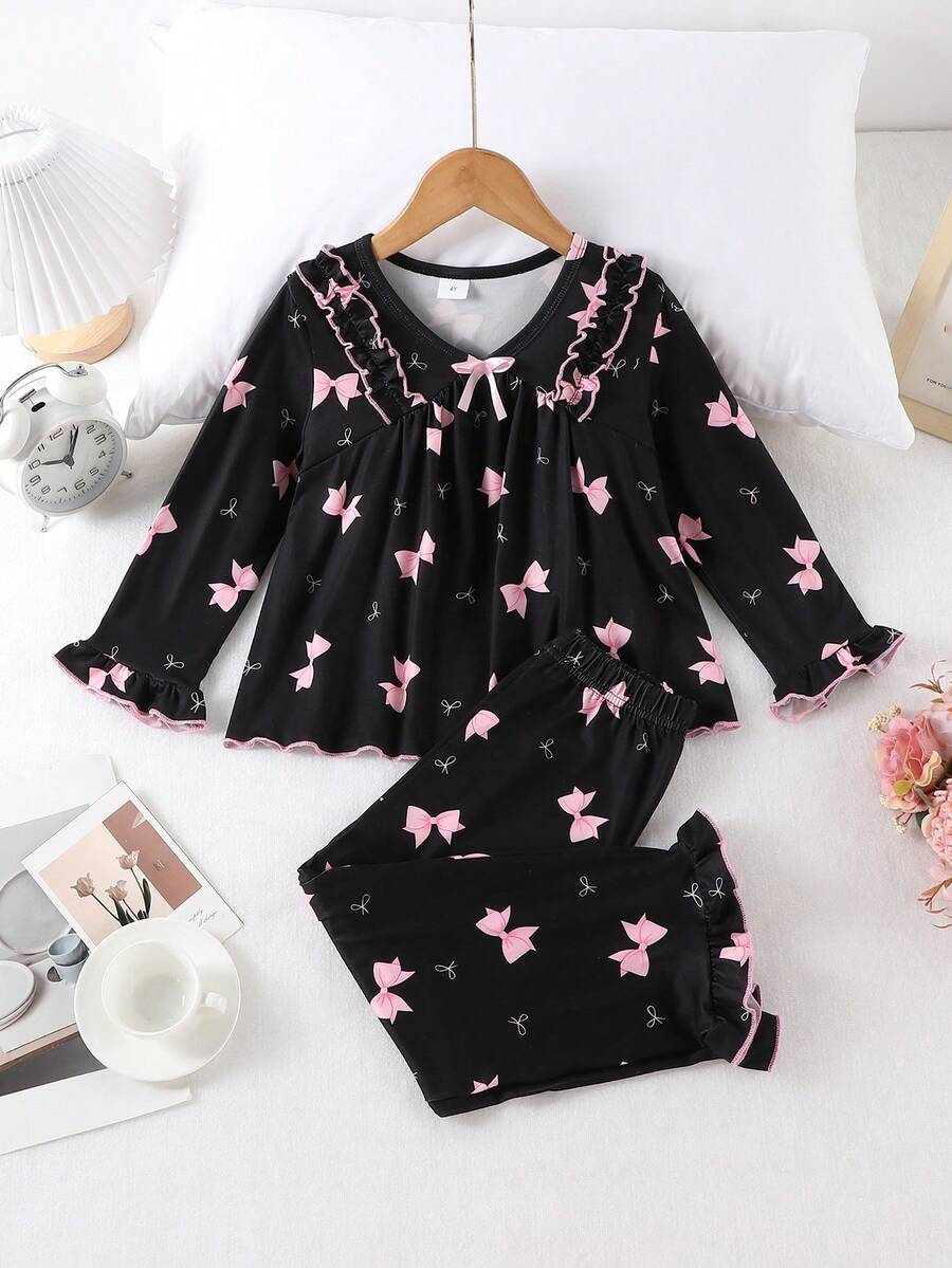 Sweet Bow Print Girls' Loungewear, Ruffle Trim Loose Long Sleeve Young Girl' Pajamas - Black - View 1