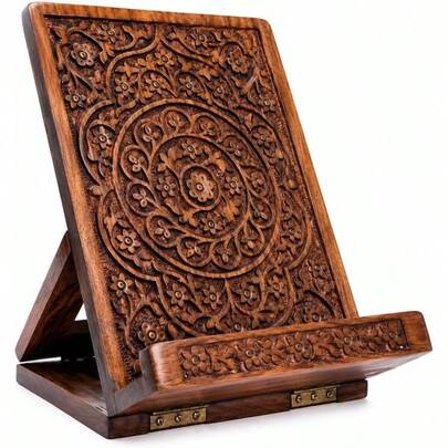 Hand-Carved Tree Of Life Cookbook Stand - Adjustable Foldable Wooden Book Holder Kitchen, Desk Office Recipe Book Stand, Tablet Reading Holder 26COKBOK