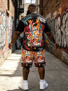 "Graffiti Cute Penguin Print" Pattern Sports Set - Polyester Knit Fabric, Plus Size Men's Street Casual Minimalist Series Crew Neck Design, Drawstring Shorts, Pocket Details, Regular Fit, Suitable For Plus Size Body - Black - View 5