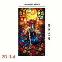 1 Stück dekorative Flagge mit bemalter Fenster-Blumen-Totenkopf-Dame – Gothic-Stil-Flagge für das Nekromantie-Festival in Kirchen, schöne Wandtextil-Flagge für Halloween-Shops, geeignet als Dekoration für Nekromantie-Festival-Partys und als Fotorequisite - A - Übersicht 5