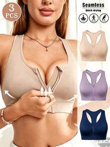 3pcs Of Women'S Sports Bras, Featuring A Front Zipper Design, They Are Breathable And Soft To The Touch, Making Them Ideal For Exercising, Fitness - 彩色 - 查看 1