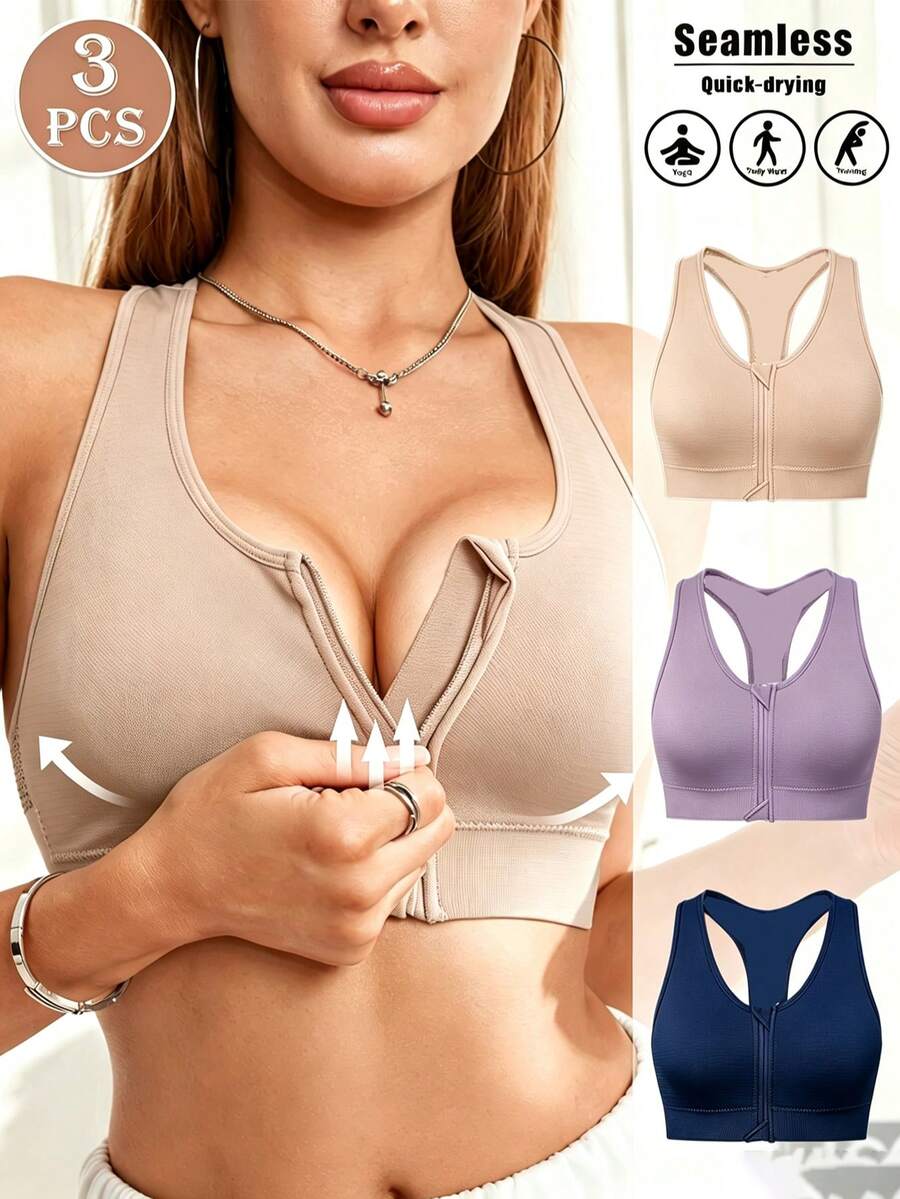 3pcs Of Women'S Sports Bras, Featuring A Front Zipper Design, They Are Breathable And Soft To The Touch, Making Them Ideal For Exercising, Fitness - 彩色 - 查看 1