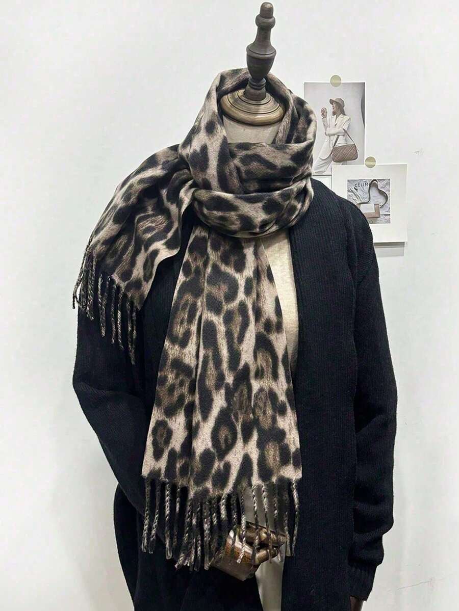 1件懶人動物印花優雅時尚保暖窄版豹紋圍巾披肩