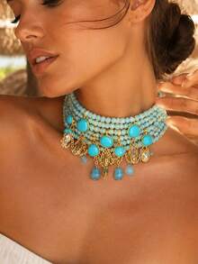1pc Bohemian Turquoise Beaded Choker Necklace, Vintage Gold Pendant Exaggerated Collar Necklace, Summer Vacation Beach Women Jewelry - Multicolor - View 7