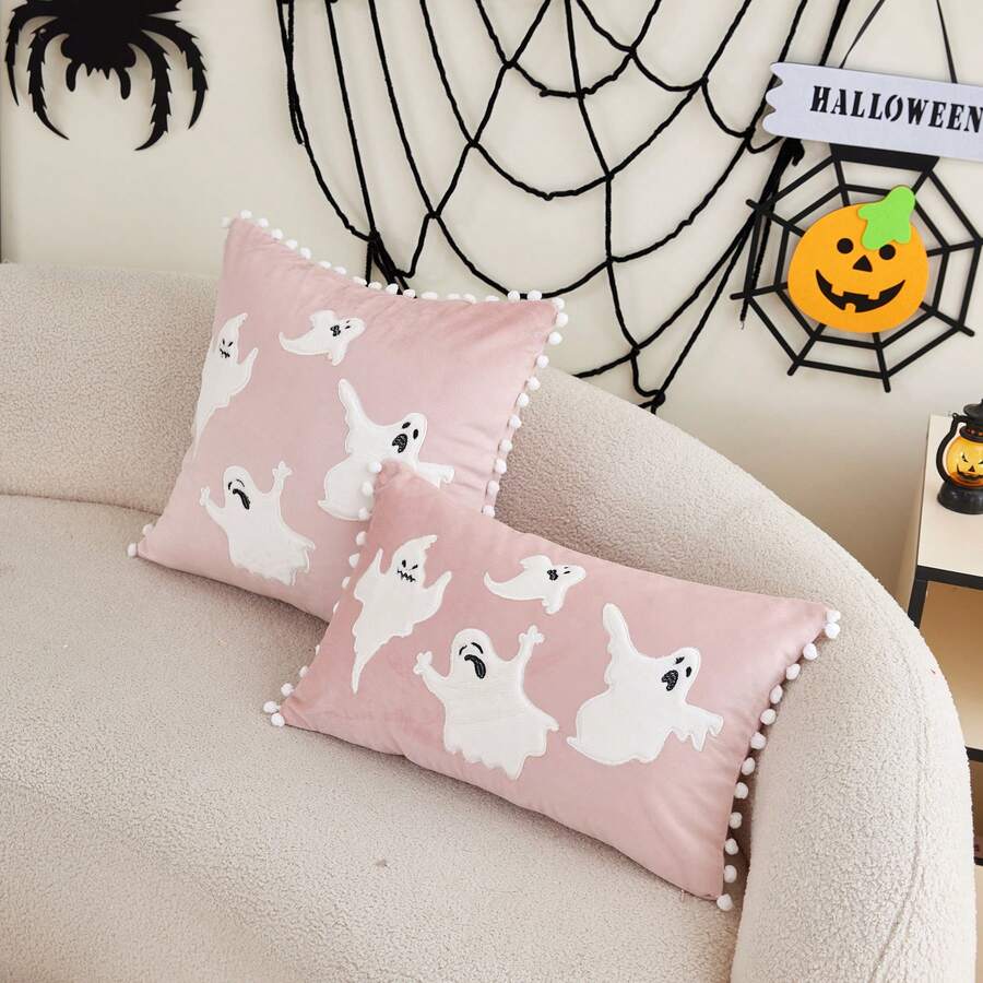 1pc Halloween Embroidered Applique 4 Floating Ghosts Pillow Case, Soft Velvet Fabric + White Pom Poms, Suitable For Modern Country Style Indoor Decor Sofa Cushion Cover, Seat Cushion Cover, Everyday All-Season Decorative Pillow Case, Without Insert - Pink - View 1