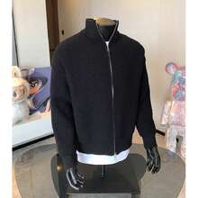 Herren Herbst Reißverschluss Pullover Strick Pullover American Stand Up Kragen Cardigan Jacke - Schwarz - Übersicht 3
