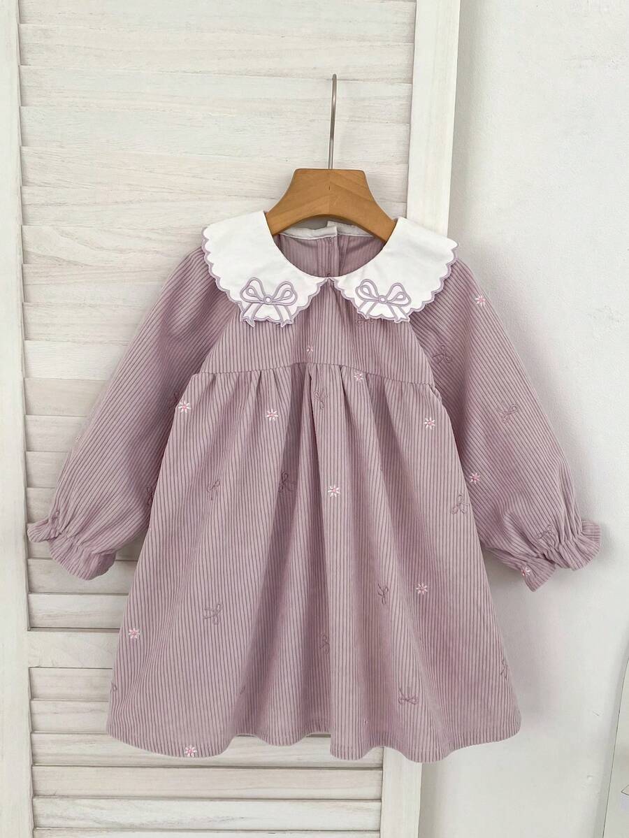 Gaun Korduroi Kerah Peter Pan Gaya Korea untuk Anak Perempuan dengan Bordir, Gaun Putri Lengan Panjang Musim Semi/Musim Gugur