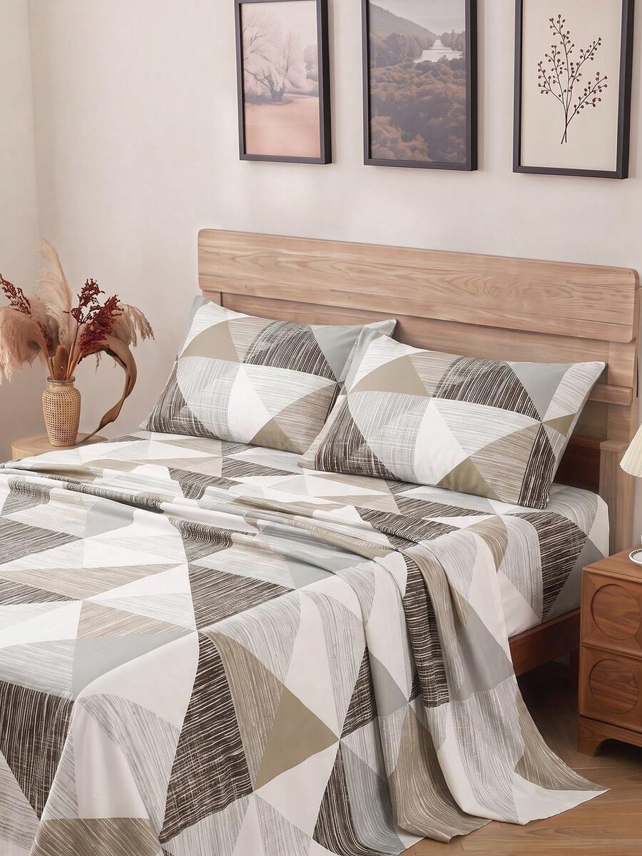 4-Piece Camel Geometric Triangle Pattern Bedding Set, Easy Care Soft Bedding, Floral Fitted Sheet Set (1 Flat Sheet + 1 Fitted Sheet + 2 Pillowcases), Deep Pocket Fits Up To 11.8 Inches, Soft And Breathable, Back To School Dorm Bedding Set - Multicolor - View 1