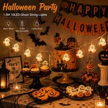 1pc 10 LED Halloween Spooky Ghost With Pumpkin String Light Hanging Indoor And Outdoor Decorative Lamp Battery Powered Suitable For Party Halloween Holiday Bedroom Bar Shop Park Garden Fireplace Tree Decor - Multicolor - View 4