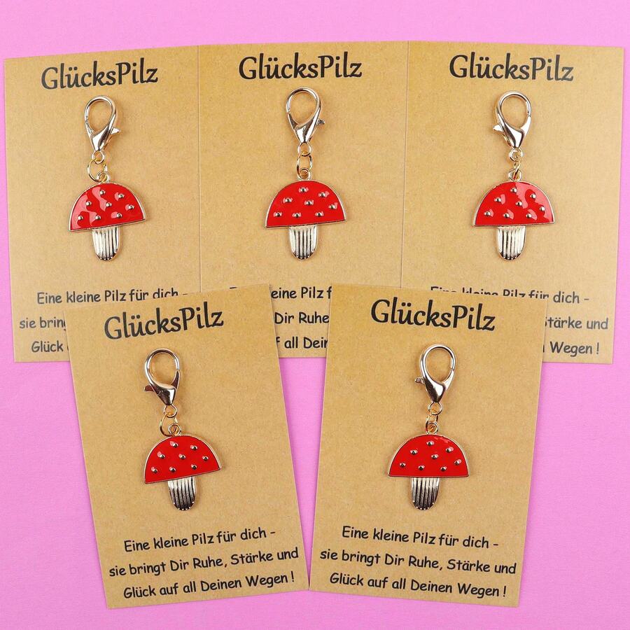 5pcs/10pcs Red Lucky Mushroom Enamel Lobster Clasp Keychain, German Blessing Paper Card, Good Luck Pocket Hug Memorial Gift - Multicolor - View 1