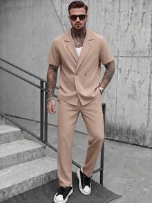 Plus Size Men's Loose Short Sleeve Pants Set, Woven Non-Stretch Straight Collar Button Front Casual Suit For Daily Wear - Khaki - View 1