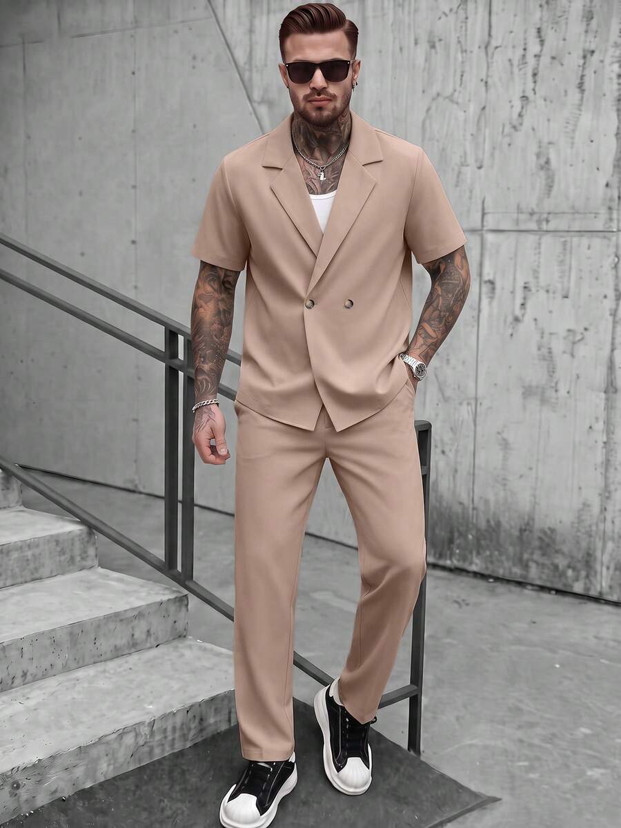 Plus Size Men's Loose Short Sleeve Pants Set, Woven Non-Stretch Straight Collar Button Front Casual Suit For Daily Wear - Khaki - View 1
