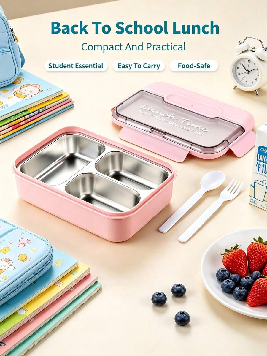 1pc 720ml Adult Lunch Box With Utensils And Leak-Proof Lid, 3-Compartment Divided Lunch Box, 1pc Durable 304 Stainless Steel Leak-Proof Lunch Box With Stainless Steel Utensils, Easy To Clean, 1pc Insulated Food Container, Vacuum Lunch Box - Multicolor - View 1