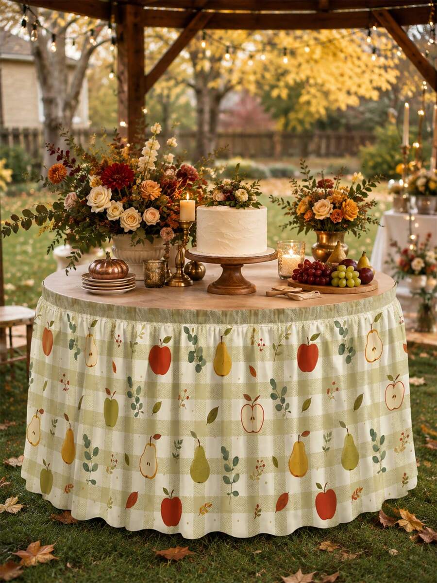 1pc Minimalist Green Plaid Autumn Party Tablecloth With Harvest Fruit Pattern, Suitable For Birthday Party And Autumn Party Events, Holiday Decoration Tablecloth - Multicolor - View 1