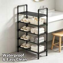 5/4/3/2 Layer Black Tubular Shoe Storage Rack, Sturdy Freestanding Shoe Organizer With Raised Guardrail, Waterproof Easy Assembly Shoe Shelf, Large Capacity Shoe Holder For Entryway, Hallway, Apartment, Rental House Indoor Furniture - Black - View 3