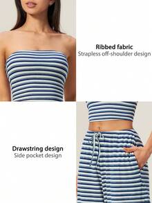 TimeOff Women's One Set Striped Strapless Bandeau Tank Top With Waist Drawstring And Side Pockets Wide Leg Pants 2 Pieces Set - Royal Blue - View 4