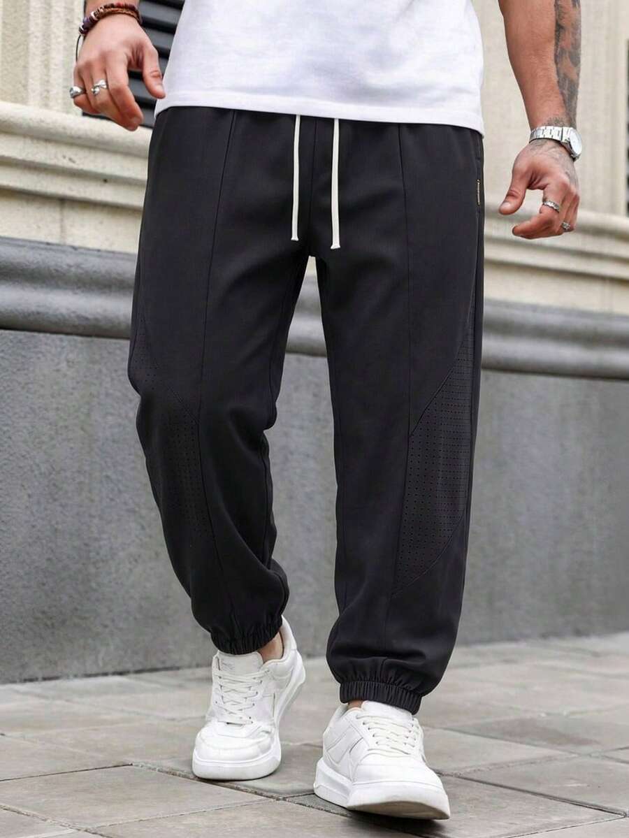 Plus Size Men's Breathable Mesh Jogger Sweatpants, Elastic Drawstring Waist, Loose Fit Casual Versatile Athletic Pants - Black - View 1