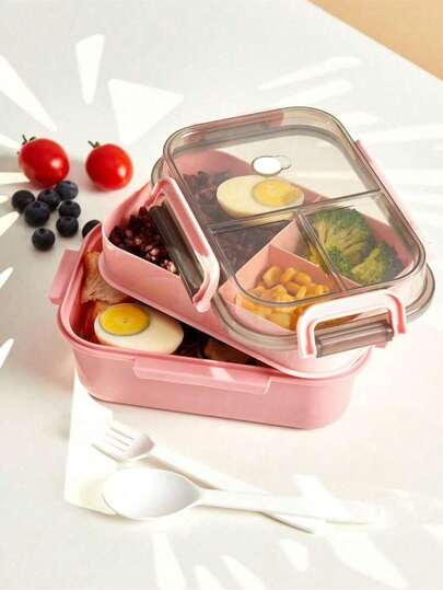1pc Microwaveable Double-Layer Divided Bento Box With Handle, Includes Cutlery Set, Leak-Proof Food Container, Suitable For Men, Women, Students, Kitchen Daily Use, Christmas Gift