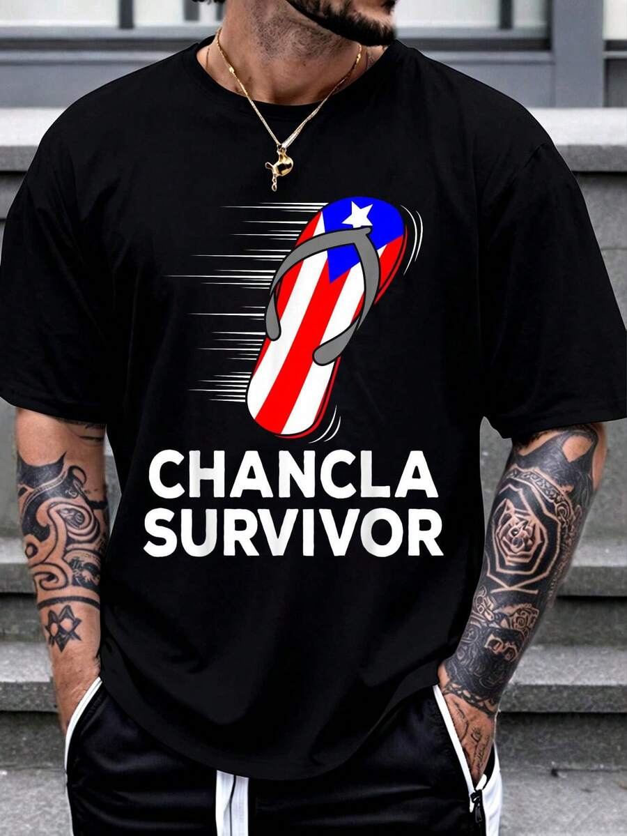 100% Cotton Chancla Survivor Puerto Rican Puerto Rico Funny Spanish Joke T-Shirt Women's Men Graphic Tee - 黑色4 - 查看 1