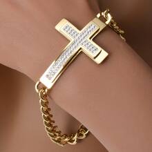 18K Gold Plated Stainless Steel 3D Zirconia Cross Cuban Link Bracelet, Hip Hop Style, Unisex, Suitable For Daily Wear And Parties, Personalized Accessory - Gold - View 2