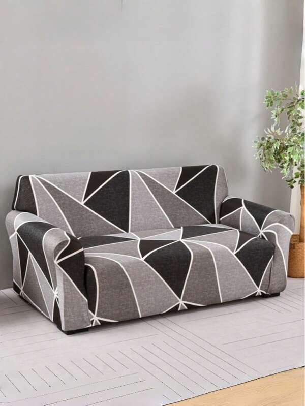 1PC Non-Slip Elastic Decorative Sofa Cover, Milk Silk Fabric, Soft, Breathable, Lightweight, Printed Geometric Square Line Pattern, Simple And Elegant Color, Anti-Dirt, Anti-Dust, Multiple Sizes Available For 1/2/3/4 Seater Sofa, Suitable For Spring, Summer, Autumn, Winter