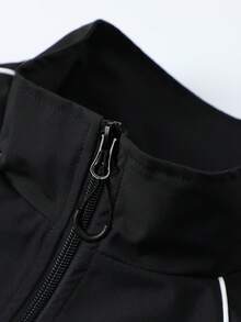 Stand Collar Smooth Curved Line Decor Zipper Cardigan Jacket, Spring/Autumn Outdoor Travel Jacket, Minimalist Sporty Style - Black - View 8