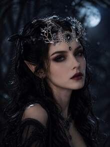 MESHUOKAI Dark Elf Crown Headband With Pointed Elf Ears Set, Silver Vine Fantasy Headpiece With Black Gemstone Pendant, Halloween Cosplay Fairy Costume Accessory - Multicolor - View 3