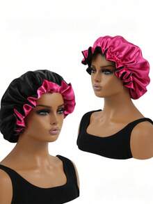 2 Buah Topi Tidur Satin Elegan dan Bernapas - Topi Tidur Elastis, Ruffle Dua Lapis, Topi Tidur Satin Sutra Wanita - Hitam - View 2
