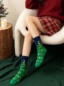 4/1 Pair Christmas Theme Christmas Tree Pattern Mid-Calf Socks Autumn Winter Holiday Atmosphere Comfortable Skin-Friendly Breathable Festive Gift Versatile Women's Socks - Green - View 11