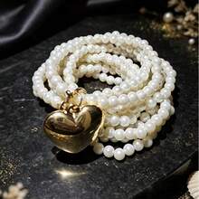 Multi-Layer Faux Pearl Large Heart Pendant Bracelet, Vintage Luxury Chain Can Be Wrapped Around Wrist, Suitable For T-Shirts, Sweaters, Dresses, Daily Commute, Date Outfits, Versatile And Eye-Catching - Multicolor - View 3