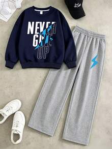 2pcs Boys Outfit Set, Crew Neck Letter & Lightning Print Sweatshirt With Casual Wide Leg Pants, Comfortable Autumn/Winter New Arrival - Navy Blue - View 2