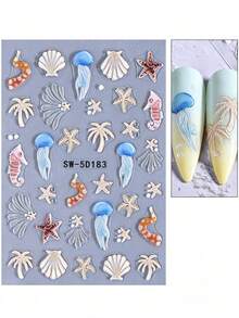 1pc 5D Embossed Ocean Style Nail Art Sticker, Colorful Starfish Shell Coral Pattern, Summer Beach Theme Nail Decoration, DIY Self-Adhesive Nail Decal, Suitable For Women And Girls - Multicolor - View 8