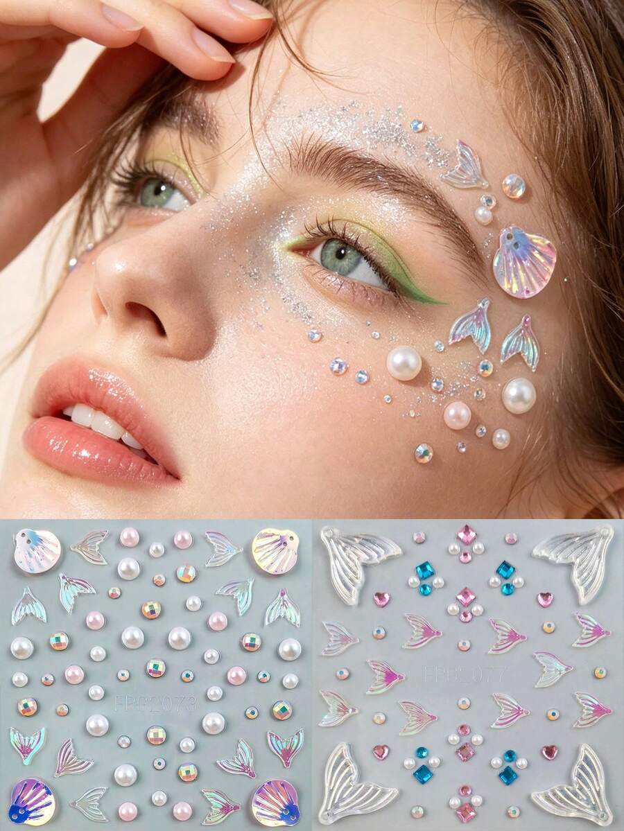 2pcs Mermaid Ocean Theme Face Gem Stickers, Iridescent Shell Fish Tail Rhinestone Pearl Face Decals, Self-Adhesive Face & Body Decoration, Suitable For Music Festival, Cosplay, Party,Halloween Costume
