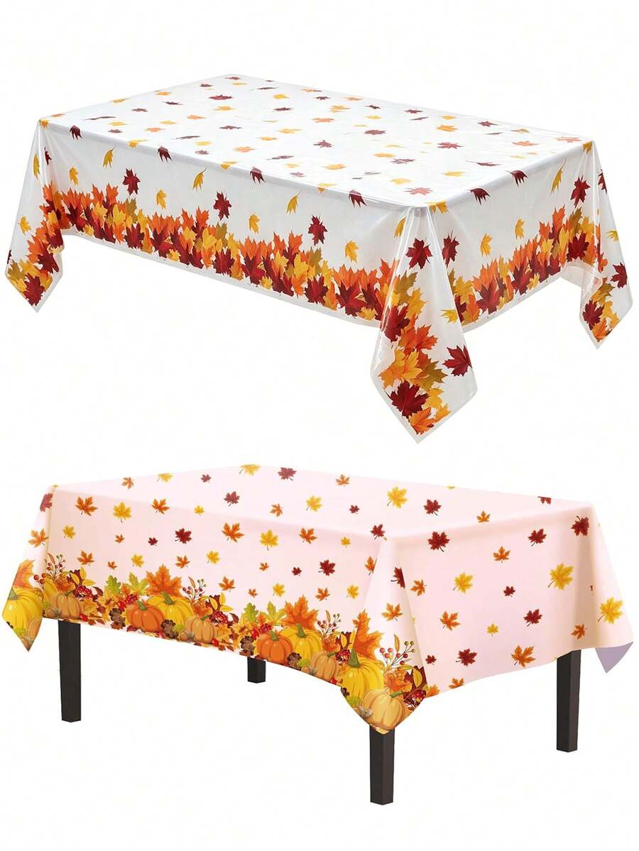 2Pcs 54 X 108 Inch Fall Harvest Plastic Tablecloth - Autumn Pumpkin Maple Leaves Disposable Rectangle Table Cover For Thanksgiving Day Parties, Dinners, And Celebrations, Indoor Outdoor Table Decorations Party Supplies Favors - View 1