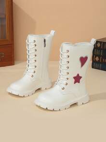 1 Pair Girls' Casual Fashion Heart Decor Comfortable Warm Round Toe Side Zipper Design Mid-Calf Boots Suitable For Autumn/Winter - White - View 1