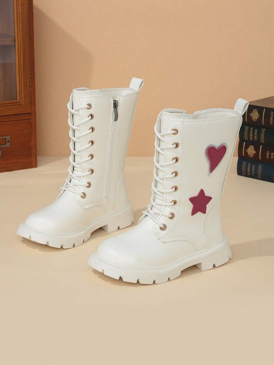 1 Pair Girls' Casual Fashion Heart Decor Comfortable Warm Round Toe Side Zipper Design Mid-Calf Boots Suitable For Autumn/Winter - White - View 1