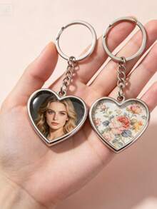 Personalized Stainless Steel Heart-Shaped Keychain With Photo, Fashionable Key Ring For Family Members And Couples, Suitable For Holiday And Birthday Gifts, Customized Photo Keychain For Men And Women - Silver Heart - View 3