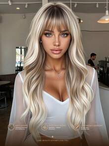 Wig Sintetis 24 Inci Ombre Akar Gelap Pirang Abu-abu, Poni Bergelombang Longgar Potongan Berlapis, Gaya Panjang Bervolume, Aksesori Fashion untuk Sehari-hari, Pesta, Halloween & Natal - Ombre - View 1