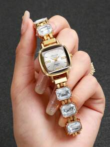 Women's Exquisite Square Digital Dial Bracelet Watch, Fashion Cut Rhinestone Inlaid Quartz Watch, Gift For Girlfriend (1pc/Set) Watch Box Not Included - White - View 2