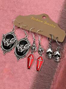 6pcs Vintage Gothic Dark Style Bat, Black Cat, Moon, Star, Skull Cat, Cross, Skull, Coffin Board Black Earrings Hoop Earrings Women Earrings Set (Card Not Included) - Multicolor - View 2