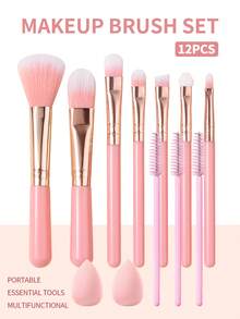 Set Kuas Makeup 12 Buah, Kuas Kosmetik Lengkap untuk Wajah & Mata, untuk Perona Pipi, Alas Bedak, Eyeshadow, dan Alis, Perlengkapan Serbaguna untuk Penggunaan Sehari-hari - Berwarna merah muda - View 4