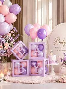 4Pcs/Set Purple Transparent Letter Balloon Box, LOVE BABY Modular Party Display Boxes For Baby Shower, Party Backdrop Decor Supplies - Purple - View 1